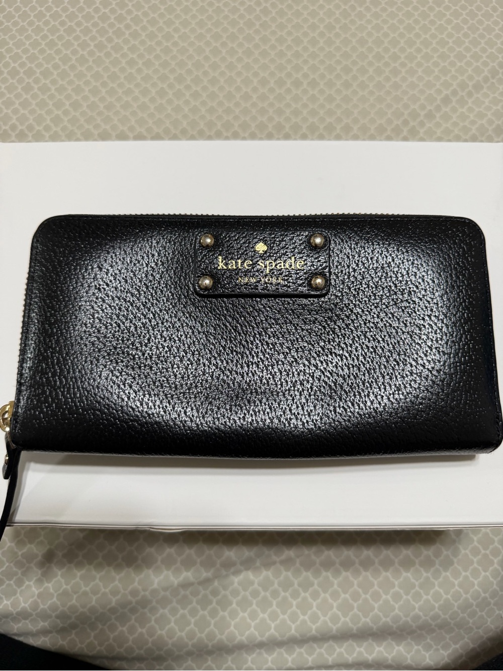kate spade Black Pebbled Leather Zip Wallet with Gold Hardware